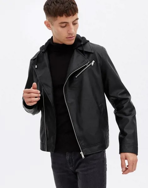 Черная байкерская куртка из искусственной кожи с капюшоном New Look-Черный