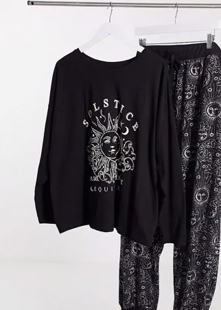 Пижама из черной футболки и джоггеров с манжетами с астрологическим принтом ASOS DESIGN Curve-Черный
