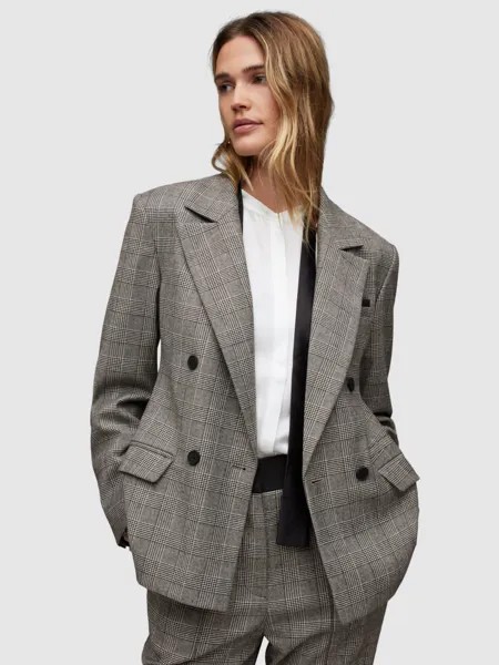 Двубортный пиджак в клетку Bea Slim Fit из смесовой шерсти AllSaints, серый