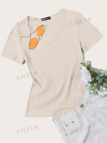 SHEIN Essnce однотонная повседневная трикотажная футболка в рубчик с короткими рукавами, абрикос