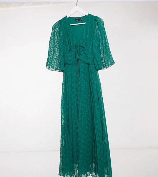 Темно-зеленое платье миди из ткани добби со шнуровкой и расклешенными рукавами ASOS DESIGN Tall-Зеленый