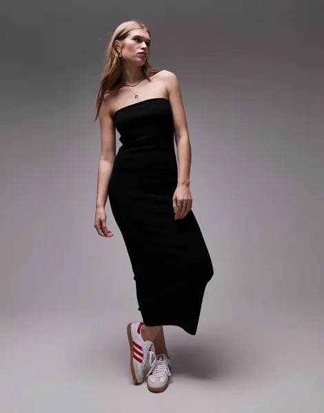 Черное трикотажное платье без бретелек с манжетами Topshop