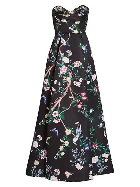 Атласное платье без бретелек с цветочным принтом Marchesa Notte, черный