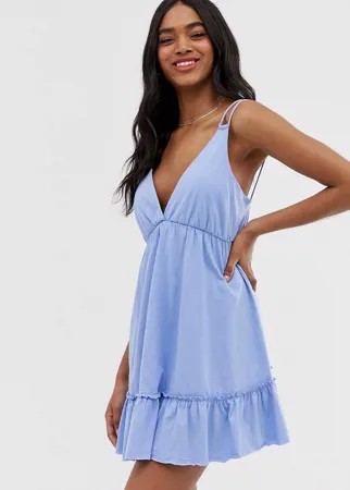 Синий свободный сарафан мини с оборкой ASOS DESIGN