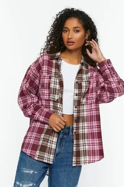Переработанная клетчатая рубашка с высоким и низким вырезом Forever 21, коричневый