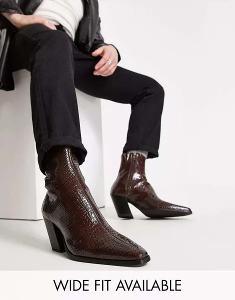 Ботинки челси на каблуке ASOS из лакированного коричневого цвета из искусственного крокодила