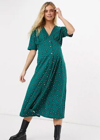 Чайное платье миди хвойного оттенка на пуговицах с цветочным принтом ASOS DESIGN Maternity-Зеленый цвет