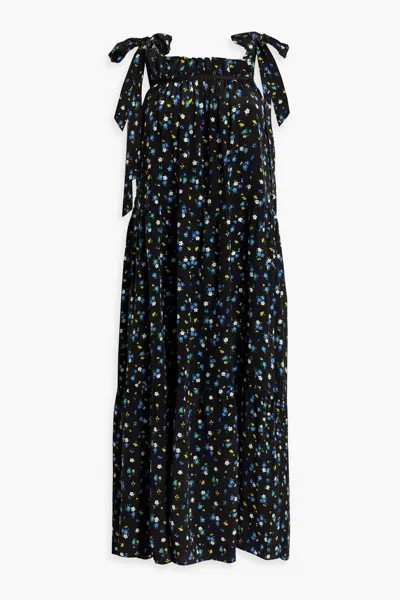 Ярусное платье макси из хлопкового поплина с цветочным принтом Les Rêveries, черный