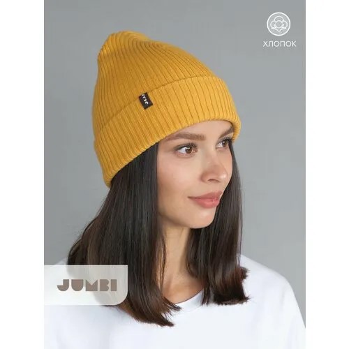 Шапка JUMBI Шапка бини вязаная демисезонная хлопковая с отворотом женская, размер 47-52, горчичный, желтый
