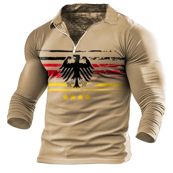 Мужская футболка с длинным рукавом и застежкой-молнией с отворотом винтажный немецкий орел повседневные топы цвета хаки
