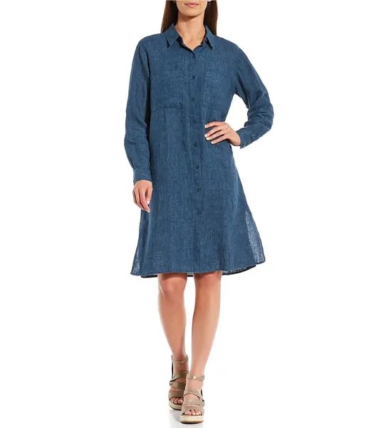 Платье-рубашка Eileen Fisher Petite Size из органического льна с острым воротником и пуговицами спереди, синий