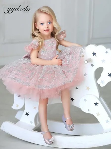 Розовое вечернее платье для маленьких девочек на день рождения с короткими рукавами, пушистое блестящее Тюлевое кружевное Пышное детское п...