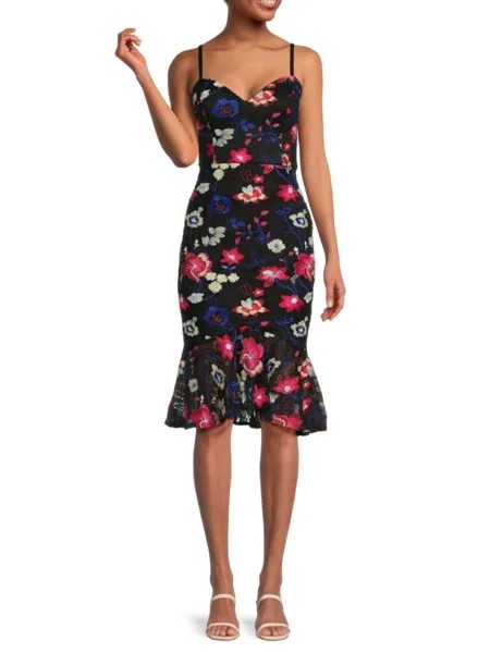 Кружевное платье-футляр миди с цветочным принтом Guess, цвет Black Multi