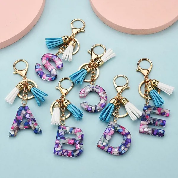 1PC Handmde Подарочный акриловый Keychain Сумка Кулон Камень шаблон А-Я Алфавит Tassel Ключевые аксессуары