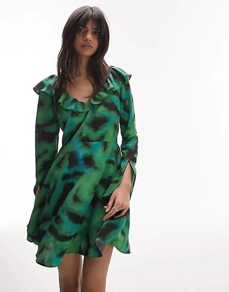 Зеленое чайное платье с оборками и воротником Topshop