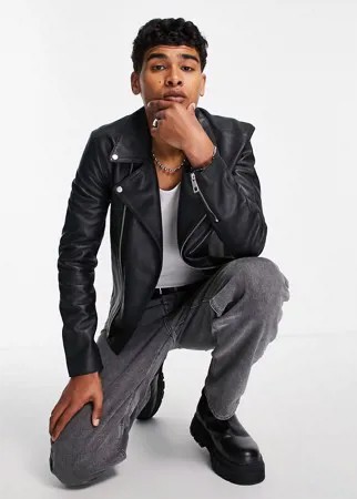 Черная кожаная байкерская куртка ASOS DESIGN-Черный цвет