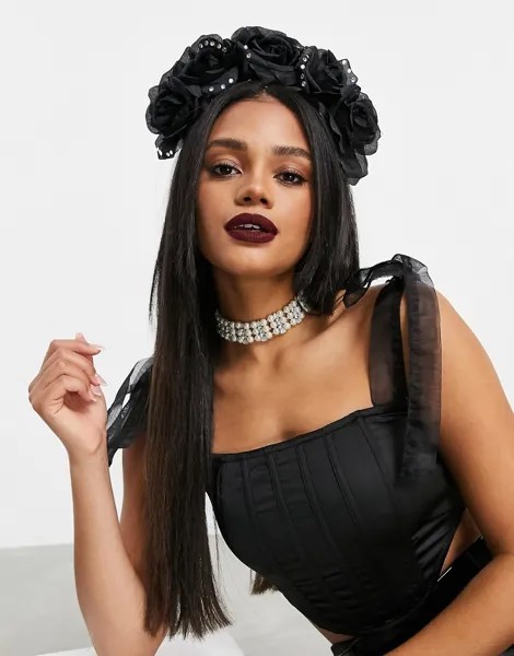 Черный ободок на голову с цветочной отделкой и стразами для Хэллоуина ASOS DESIGN