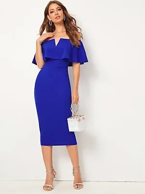 SHEIN Женское синее облегающее платье миди с короткими рукавами и короткими рукавами с разрезом и вырезом XS