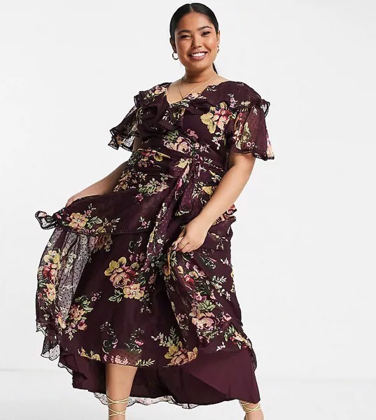 Платье миди из шифона и сетки добби с драпировкой, цветочным принтом и завязывающимся поясом ASOS DESIGN Curve-Разноцветный