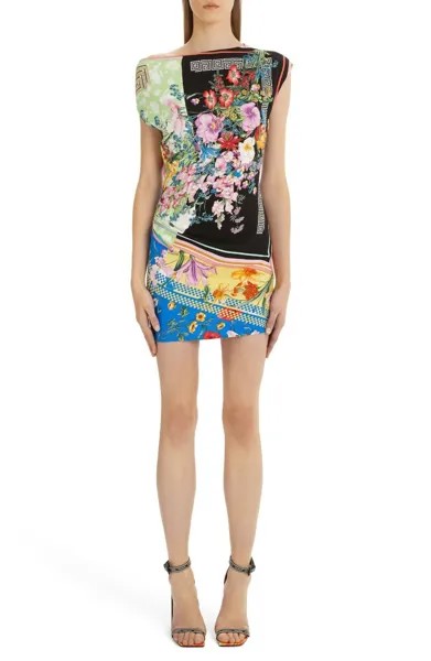 VERSACE Iconic Асимметричное облегающее платье с драпировкой и рюшами с цветочным принтом 6 США 42IT
