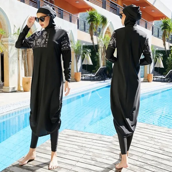 Модный черный Мусульманский купальник с защитой от солнца, Малайзия, пакистанское пляжное украшение размера плюс Baju, женская мусульманская...