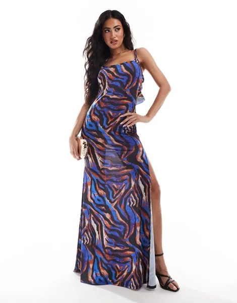 Синее платье макси с оборками и зеброй ASOS DESIGN