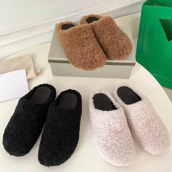 Мюли женские из натуральной кожи, дизайнерские, меховые, круглый носок, сланцы, однотонные теплые, на каблуке, модная брендовая обувь, Размер...