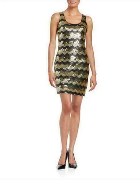 GUESS NWT Изысканное коктейльное платье ЗОЛОТОГО/ЧЕРНОГО цвета с шевронным принтом и пайетками 4,6,8,10