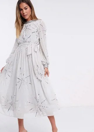 Серебристо-серое платье миди с отделкой Frock and Frill-Серый