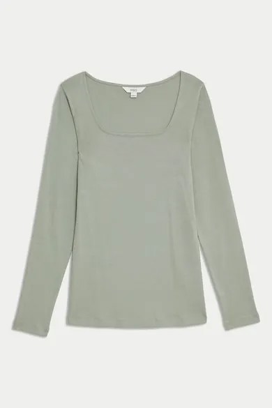 Хлопковая блузка с квадратным вырезом Marks & Spencer, хаки