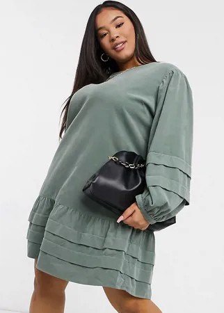 Свободное вельветовое платье мини со складками зеленого цвета ASOS DESIGN Curve-Зеленый цвет
