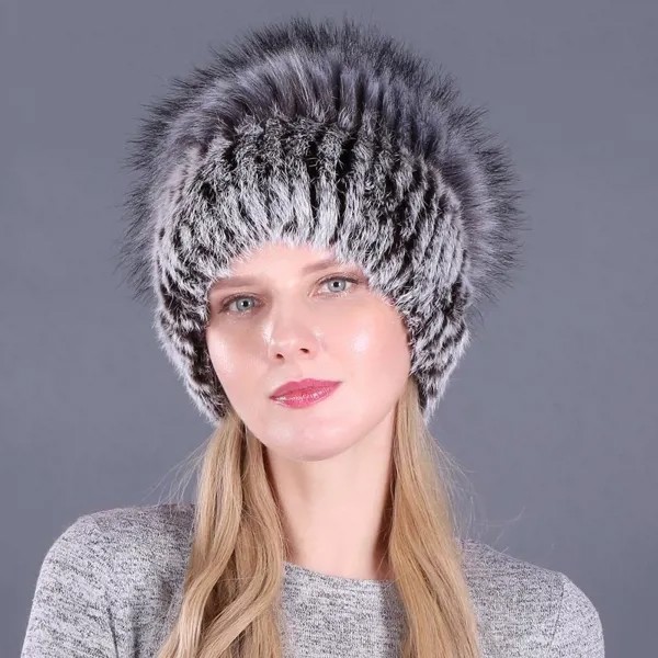 Хорошая эластичная натуральная пушистая искусственная серебристая лиса меховая шляпа новая зима женщины вязаный кролик меховые шляпы леди меховая шапка
