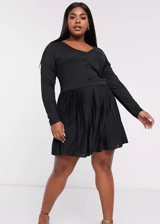 Плиссированное платье мини с длинными рукавами ASOS DESIGN Curve-Черный
