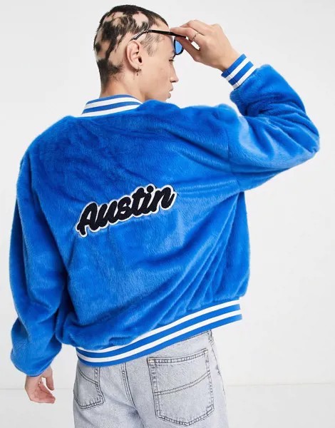 Голубой бомбер в университетском стиле из искусственного меха ASOS DESIGN