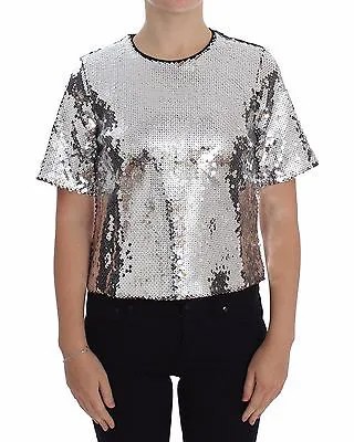DOLCE - GABBANA Блузка-футболка Топ серебристый с круглым вырезом с пайетками IT42/ US8/M Рекомендуемая розничная цена 960 долларов США