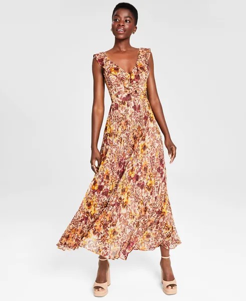 Женское плиссированное платье макси с рюшами и цветочным принтом GUESS