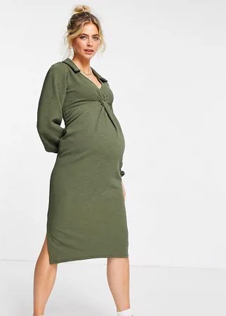 Платье-рубашка миди цвета хаки с перекрученной деталью спереди ASOS DESIGN Maternity-Зеленый цвет