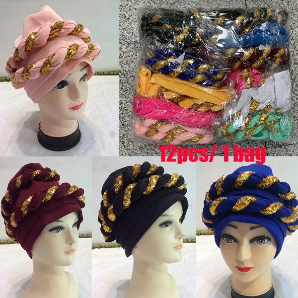 12 штук в 1 упаковке микс Цвет мусульманский тюрбан Молитвенные шляпы Индии Ислам шарф хиджаб Для женщин в африканском стиле головка Обёрточ...