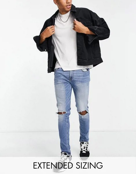 Голубые джинсы скинни с рваными коленями ASOS DESIGN-Голубой