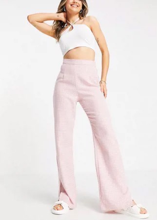 Классические брюки розового цвета с узором «гусиная лапка», завышенной талией и разрезом по низу штанин NaaNaa-Розовый цвет