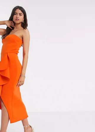 Эксклюзивное платье миди бандо оранжевого цвета с оборками True Violet-Оранжевый