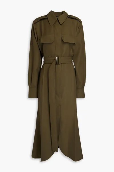 Платье-рубашка миди из шерсти с поясом Victoria Beckham, армейский зеленый