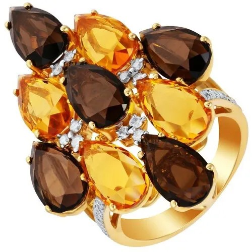 Кольцо JV, желтое золото, 585 проба, раухтопаз, бриллиант, цитрин, размер 17.5