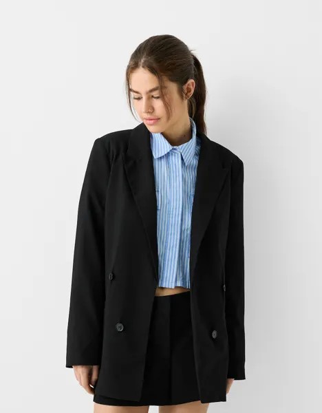 Приталенный двубортный пиджак свободного кроя Bershka, черный