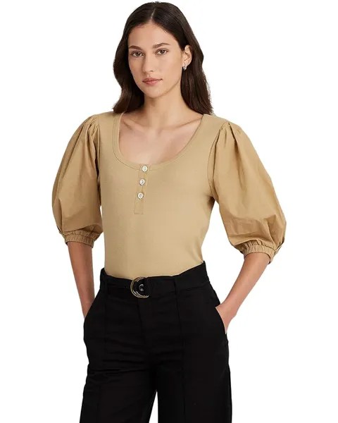 Футболка LAUREN Ralph Lauren Stretch Cotton Puff-Sleeve Henley, цвет Birch Tan