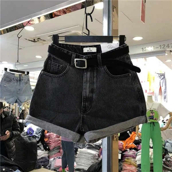 Девушка Джинсовые шорты Женщины Высокая талия Широкие ноги Свободные тонкие снаружи Ношение A-слово Горячие короткие джинсы