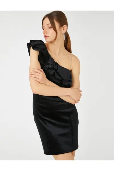 Бархатное мини-вечернее платье на одно плечо с воланами и камнями Koton, черный