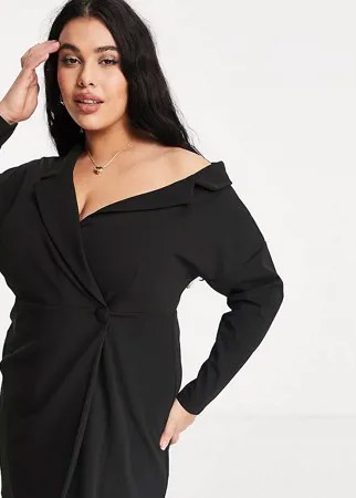Черное платье-рубашка мини с запахом и спущенным плечом ASOS DESIGN Curve-Черный цвет