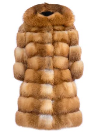 Шуба с капюшоном и укороченными рукавами из меха рыжей лисы