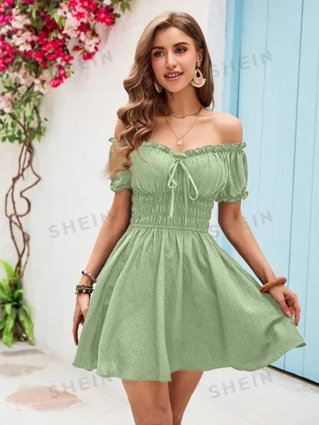 SHEIN VCAY летнее пляжное женское платье макси с одной линией плеч и оборками на талии, зеленый